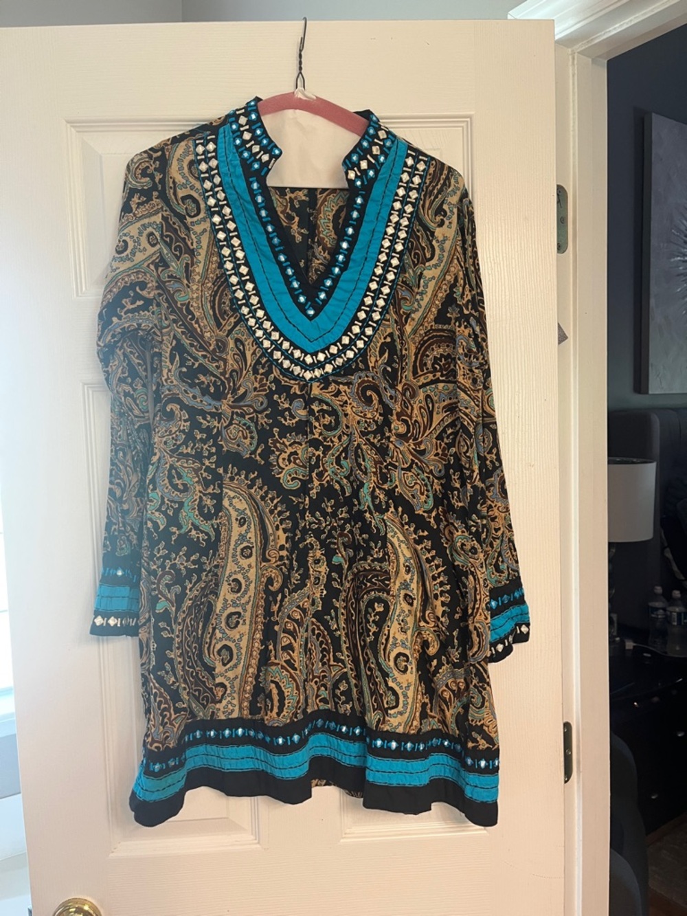 Soft Surroundings Black Paisley Tunic with Turquoise Trim